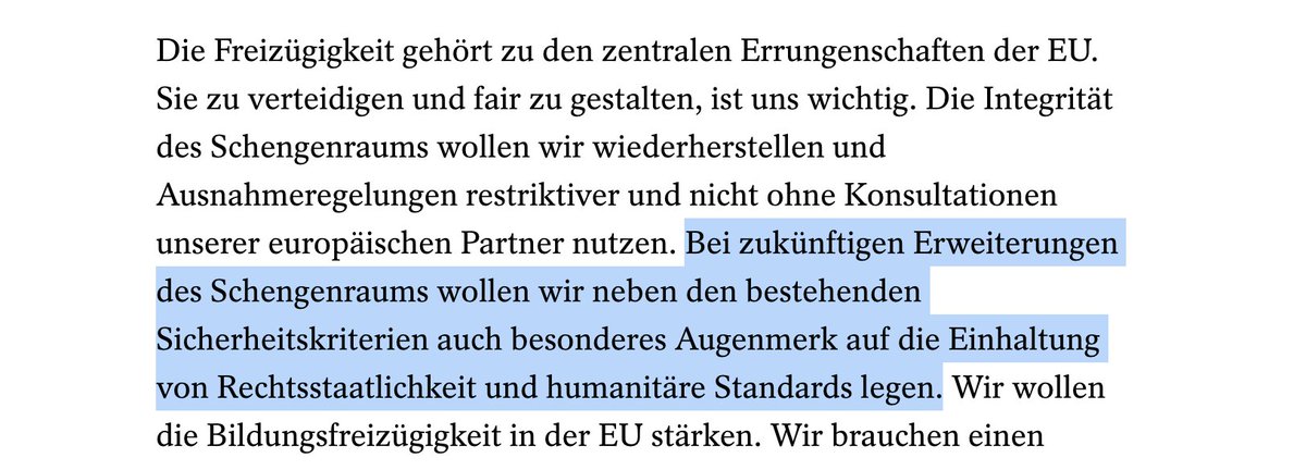 This sentence in German 🚦coalition agreement might pose a problem for Croatia (pushbacks). 'For future expansions of the Schengen area, we want to pay particular attention to compliance with rule of law and humanitarian standards in addition to the existing security criteria.'