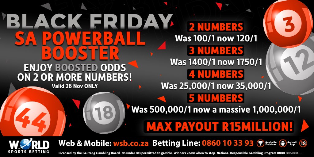 #BlackFriday SA Powerball Booster!

Enjoy BOOSTED odds on 2 or more numbers. Valid 26 Nov ONLY.

2 Numbers – was 100/1 now 120/1
3 Numbers – was 1400/1 now 1750/1
4 Numbers – was 25,000/1 now 35,000/1
5 Numbers – was 500,000/1 now a massive 1,000,000/1

Max Payout R15,000,000! https://t.co/dVtS07Olrm