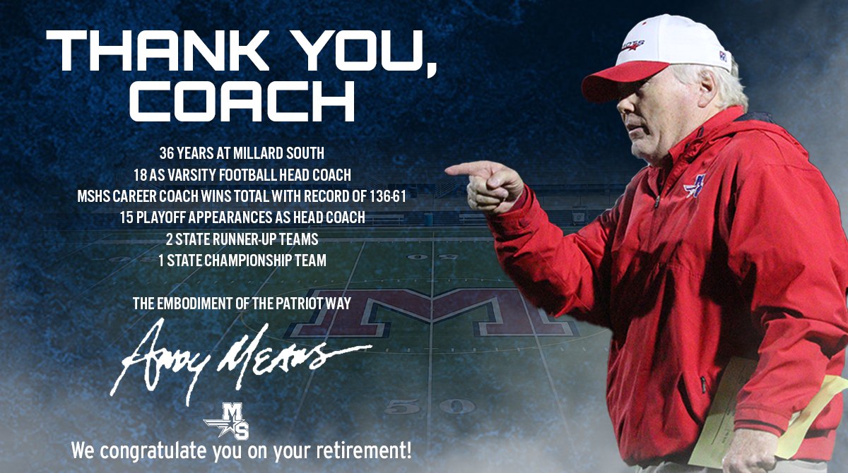 There aren't enough words to describe the impact this man has made on the Millard South community. Thank you, Coach Means, for being an amazing educator, coach, and leader. We will be savoring the rest of the school year with you before your much deserved retirement #ClassAct