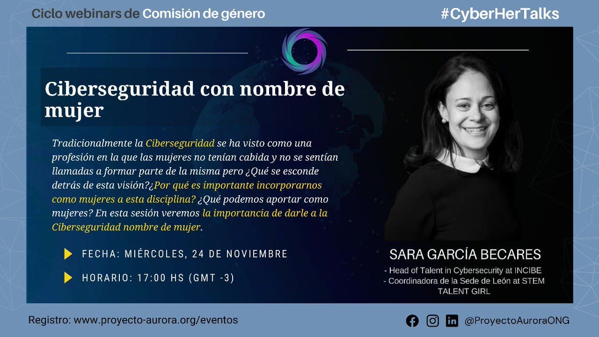 📢¡#HOY! No te lo pierdas‼️👇🏻👇🏻

📌"#Ciberseguridad con nombre de mujer"
Por <a href="/SGarBecares/">Sara Garcia Becares</a>

⏳17:00 GMT-3 (horario de Argentina).

¡Todavía estás a tiempo! Inscribite ahora en:⬇️
proyecto-aurora.org/cyberhertalks

¡Te esperamos!

#CyberHerTalks #cibersecurity