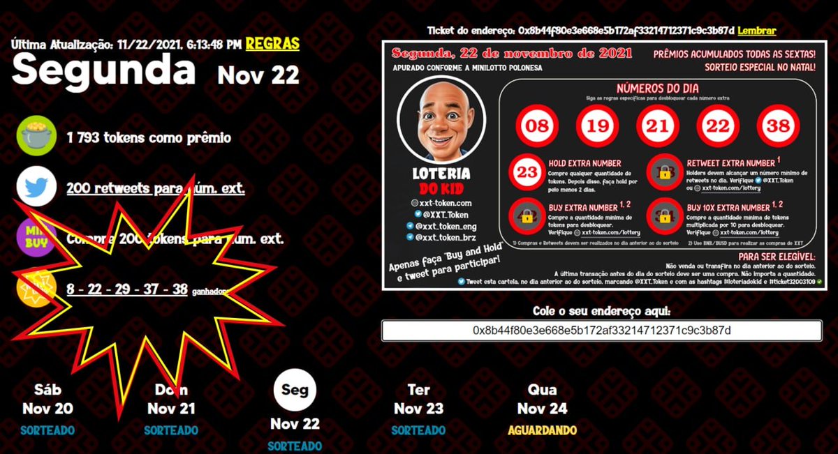 XXT_Token's tweet photo. Saiu o prêmio da Loteria do Kid do dia 22/11/2021
Concorra você também em https://t.co/D1rCXNryYV
Números sorteados: 8 - 22 - 29 - 37 - 38
#xxt #bitcamxxt #bitcoin #BTC #binance #crypto #loteria #lottery #nft #cryptocurrency #coinmarketcap #coingecko #pancakeswap #trustwallet https://t.co/A93kFc2DEX