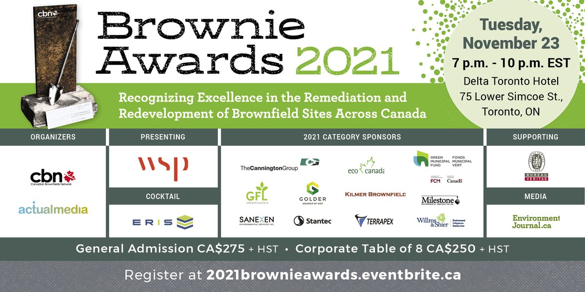 Thanks to our incredible sponsors for their support in celebrating outstanding #brownfield projects and #environmental champions at the #BrownieAwards gala last night. Please join us in thanking them.

#environment #remediation #Canada