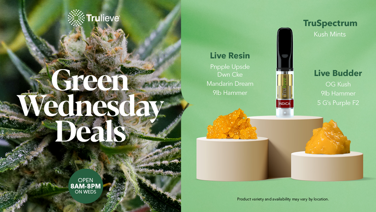 Trulieve's tweet photo. There are so many options to choose from on Green Wednesday! Today is an excellent opportunity to add a little gold to your day! 🌿

Throw a little focus into the mix with TruConcentrates before Thanksgiving!🦃

Get your fill now before you're full tomorrow, Trulievers!👀 https://t.co/PzpiVEEsU8
