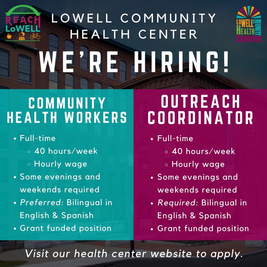 REACHLoWELL's tweet photo. Lowell Community Health Center is hiring:
• Community Health Workers
• Community Outreach Coordinator
Apply today!
https://t.co/hkhvuihhPS
#REACHLoWELL #REACH4Health #LowellCHC https://t.co/WyJJTDXVXU