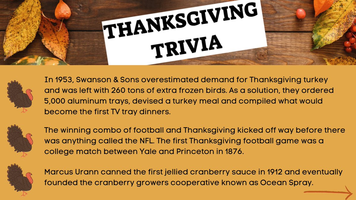 PowerLibrary's tweet photo. It is almost Thanksgiving Day! Scroll ➡️ to check out some Thanksgiving trivia to impress your family and friends while gathered around the table. 🦃 🥧 🍂 🏈
#Thanksgiving2021 #turkey #pumpkinpie #cranberries #football #tradition #family #Friendsgiving #nowyouknow https://t.co/aZVHA33kUI