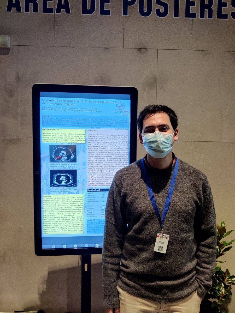 Basurto_MDI's tweet photo. Nuestro R2, Feña, con su póster sobre mediastinitis de repetición por quilotórax secundario a traumatismo #42SEMI https://t.co/CCFy7p5lE6