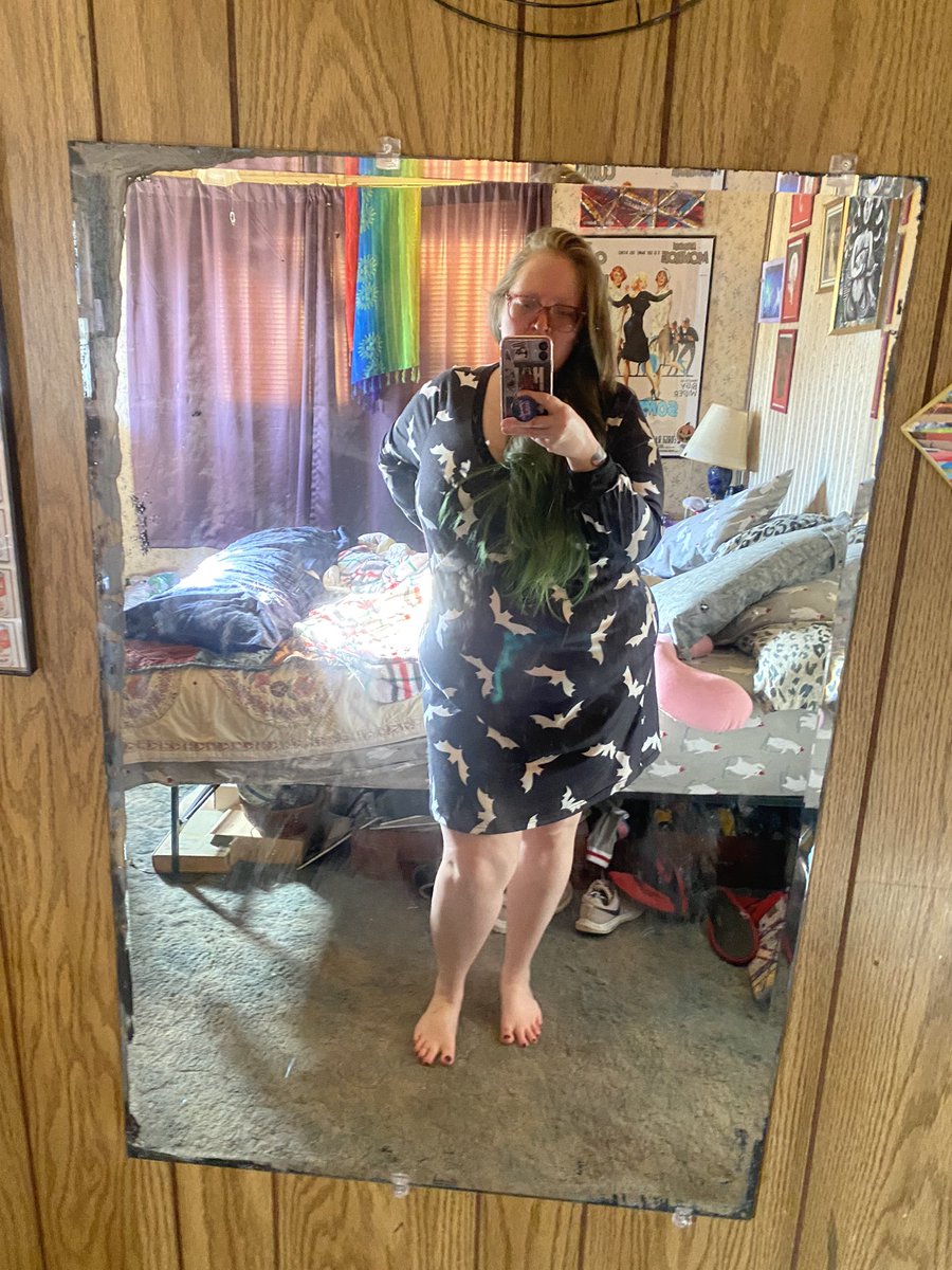 SporadicJills's tweet photo. I some how keep pulling spooky dresses out of my clothes. Also it’s chilly so I changed into leggings. Which aren’t pants so it still #pantlesswednesday . Also I’m drinking Tea and need to switch to Coffee. #mirrorselfie #batdress #catwoman #tea https://t.co/gsgrrtHXED