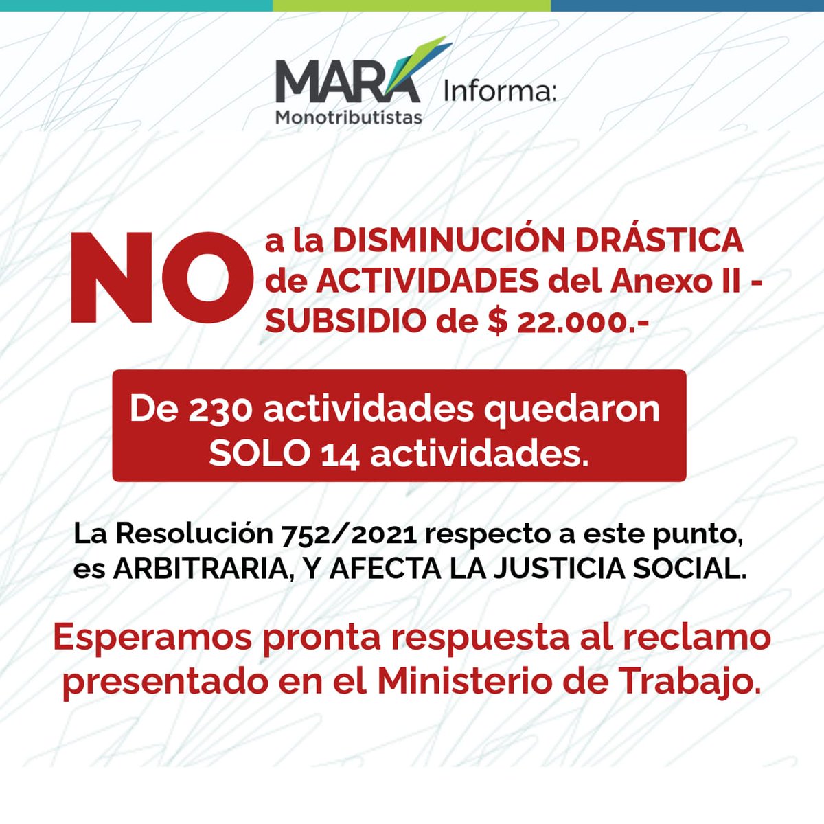 MARAMonotributo's tweet photo. @MinTrabajoAR los #Monotributistas necesitamos RESPUESTA URGENTE, x el reclamo d @MARAMonotributo x la drástica reducción d actividades p/ el Subsidio. @Leantrica necesitamos q se resuelva esta situación, ya q NO hay fundamentos en la Res. 752/2021 sobre el criterio de selección. https://t.co/0fOINAHqE2