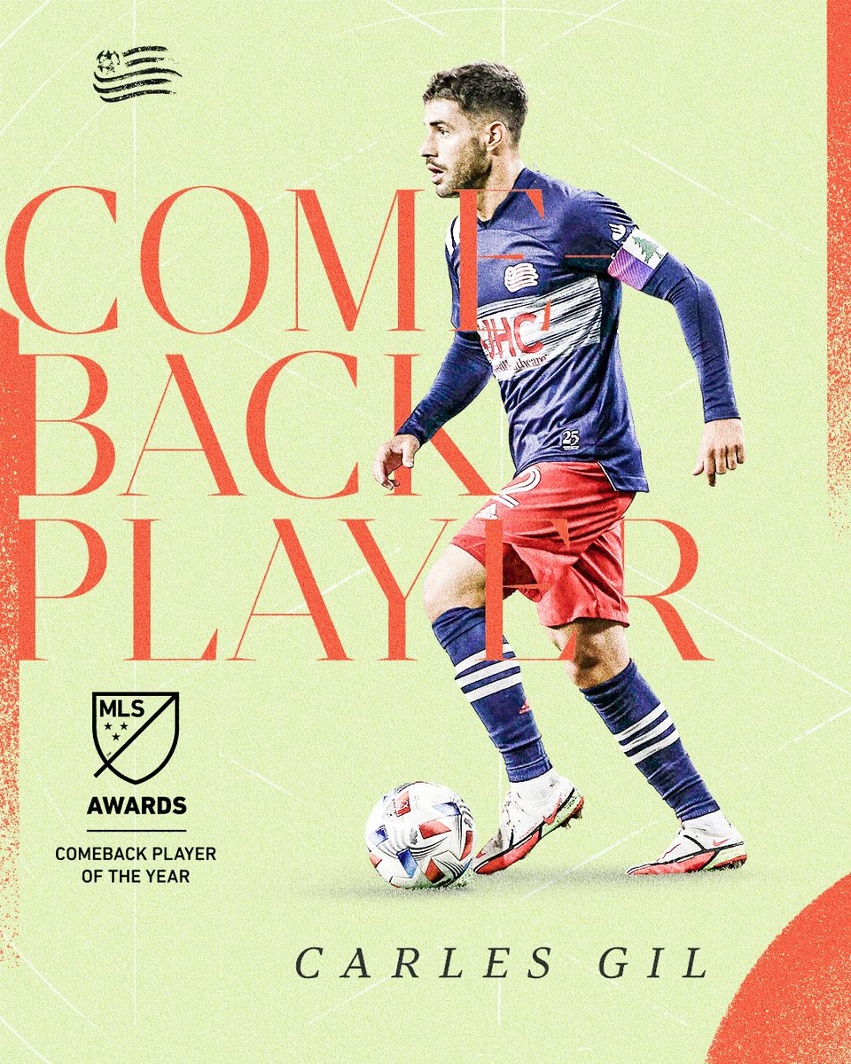 MLS's tweet photo. Carles Gil, the 2021 Comeback Player of the Year. 💪

After missing almost all of the 2020 season with a bone spur injury, the @NERevolution midfielder hasn't skipped a beat in 2021: League-leader in assists, Supporters' Shield title, and aiming for MLS Cup.

Congrats, Carles! https://t.co/EsRHLmXpLw