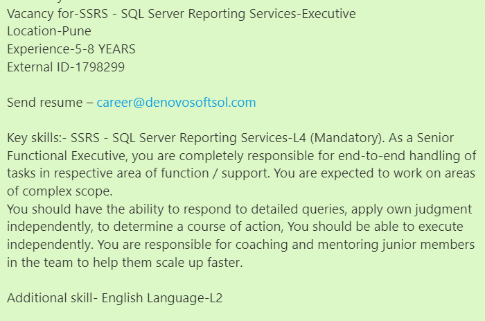 denovosoftsol's tweet photo. #denovojobs #denovo
Vacancy for-SSRS - SQL Server Reporting Services-Executive
Location-Pune
Experience-5-8 YEARS
External ID-1798299
Send resume – career@denovosoftsol.com
#sql #python #javascript #java #sqlserver #mongodb #programmer #webdeveloper #SQLServerReportingServices https://t.co/dTo7tm2L6n
