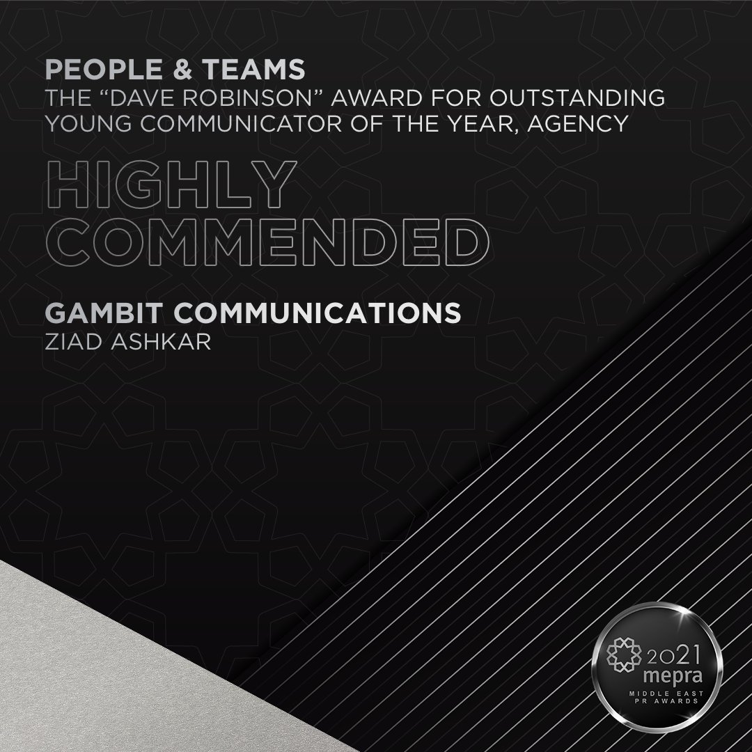 Here come the winners! Congratulations going out to all the winners of The “Dave Robinson” Award for Outstanding Young Communicator of the Year, Agency category at this year’s #MEPRAAwards. #PRAwards #MiddleEastPR
Winner: <a href="/HK_METIA/">Hill & Knowlton METIA</a>
Highly Commended: Gambit Communications