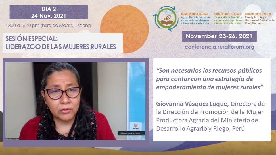 World Rural Forum (@worldruralforum) on Twitter photo 👩🌾Giovanna Vasquez, de <a href="/midagriperu/">MIDAGRI PERÚ</a> nos habla sobre cómo incluir las demandas de las #mujeres en la agenda política:
✍️Normativa específica + Institucionalidad + Recursos
Sesión especial: #LiderazgoMujeres en #ConferenciaGlobalFRM
#GlobalConferenceWRF #SustainableFoodSystems 👩🌾Giovanna Vasquez, de <a href="/midagriperu/">MIDAGRI PERÚ</a> nos habla sobre cómo incluir las demandas de las #mujeres en la agenda política:
✍️Normativa específica + Institucionalidad + Recursos
Sesión especial: #LiderazgoMujeres en #ConferenciaGlobalFRM
#GlobalConferenceWRF #SustainableFoodSystems