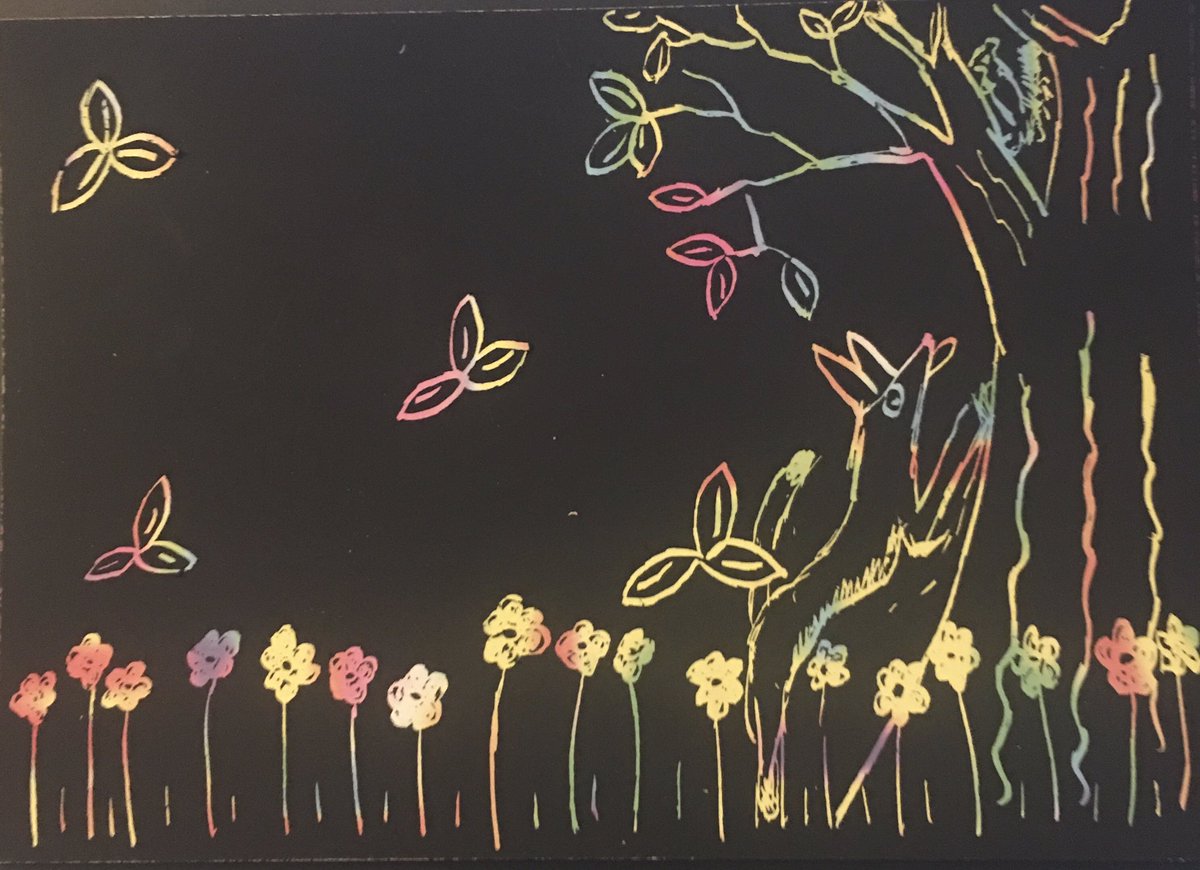 ea_quinn's tweet photo. Enjoying the practice workshop and the creative activities pack. You can see my scratch card doodle here, featuring my #lurcher Frida who is actually barking at a squirrel in the garden as we speak @EntelechyArts #remoteart #wellbeing https://t.co/058wU2Luhs