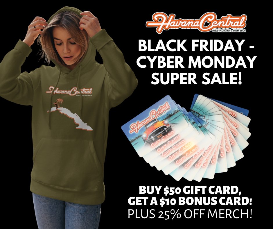 HavanaCentral's tweet photo. SHOP OUR BLACK FRIDAY SALES! 🎄🛒 (now thru Mon 11/29)

🎁 Buy a $50 Gift Card, get a $10 Bonus Card! A gift for them &amp; a gift for you! https://t.co/Jdhpd6RMLm

👕Plus enjoy 25% OFF our Latin foodie inspired apparel! Gift ideas for your friends &amp; family! https://t.co/hfYsdvtmMe https://t.co/ifKOsujMsy