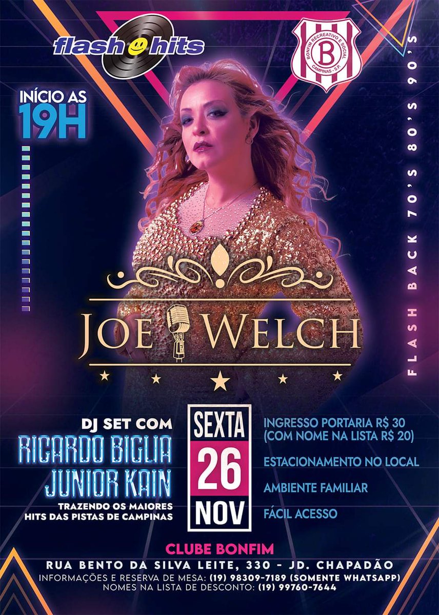 JoeWelch's tweet photo. Joe Welch AO VIVO no Clube Bonfim, relembrando sucessos dos anos 70, 80, e 90 num super show de #disco, #flashback, #flashhouse e #eurodance 
Dia 26/11, a partir das 19h.
E mais: DJ's Ricardo Biglia e Junior Kain esquentando a pista com mais sucessos do passado.
+55 19 99760-7644 https://t.co/60PwSoxUvG