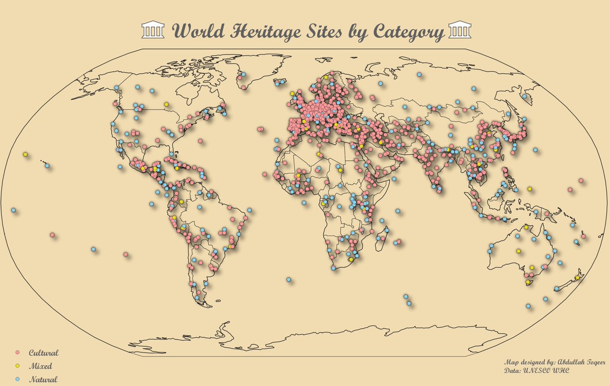 24. Historical: UNESCO World Heritage sites 🏛️ by category (Cultural, Natural, Mixed)
Data: UNESCO WHC
<a href="/GemMsc/">GEM MSc</a> 
 #30DayMapChallenge