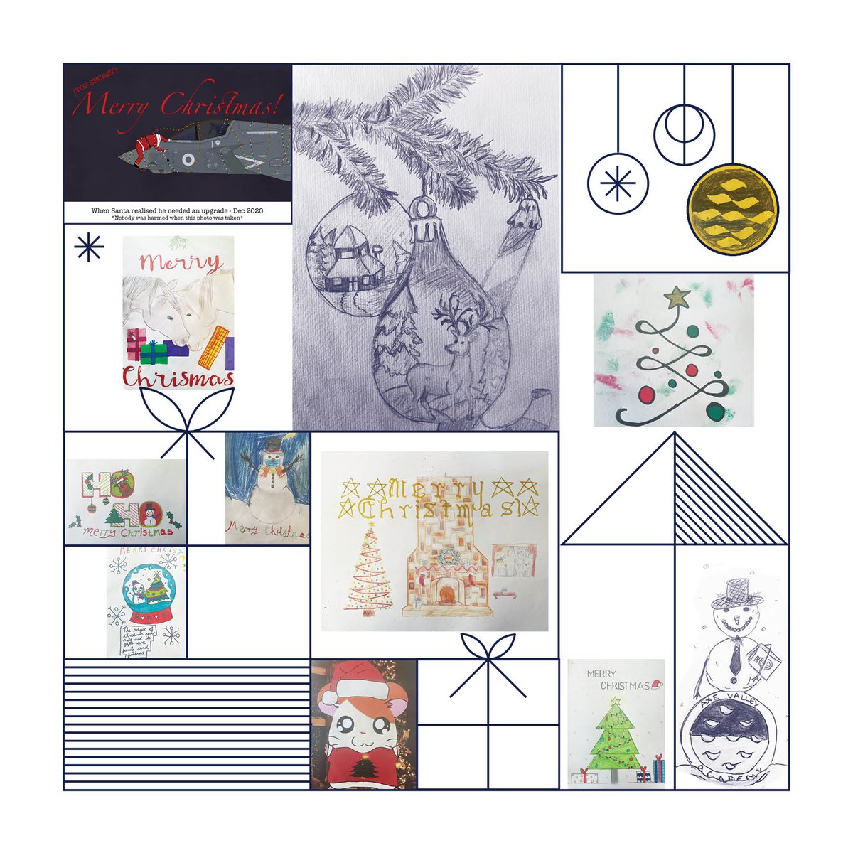 AxeAcademy's tweet photo. With thanks to all who contributed to our Christmas card design. Everyone was included! Buy yours for just £1 at our Christmas in the Quad Event; 25th November 3.45 - 5.30pm #smallbutmighty #smallbutchristmassy https://t.co/Ezn2LbVYbR