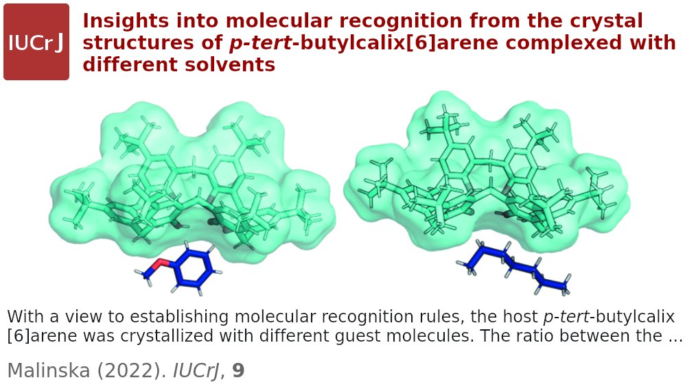 IUCrJ's tweet image. Insights into molecular recognition @IUCrJ doi.org/10.1107/S20522… @UniWarszawski @Cyfronet @ScienceinPoland @NCN_PL #calixarene #molecularrecognition #intermolecularinteraction #hydrogenbonding @IUCr #openaccess