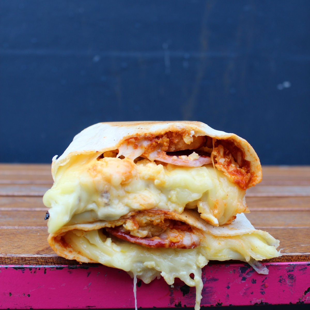 Who could say no that this deliciousness on a Wednesday morning? 

All day breakfast burrito filled with crispy bacon, creamy scrambled eggs, lots of mozzarella cheese and baby potatoes! #yum