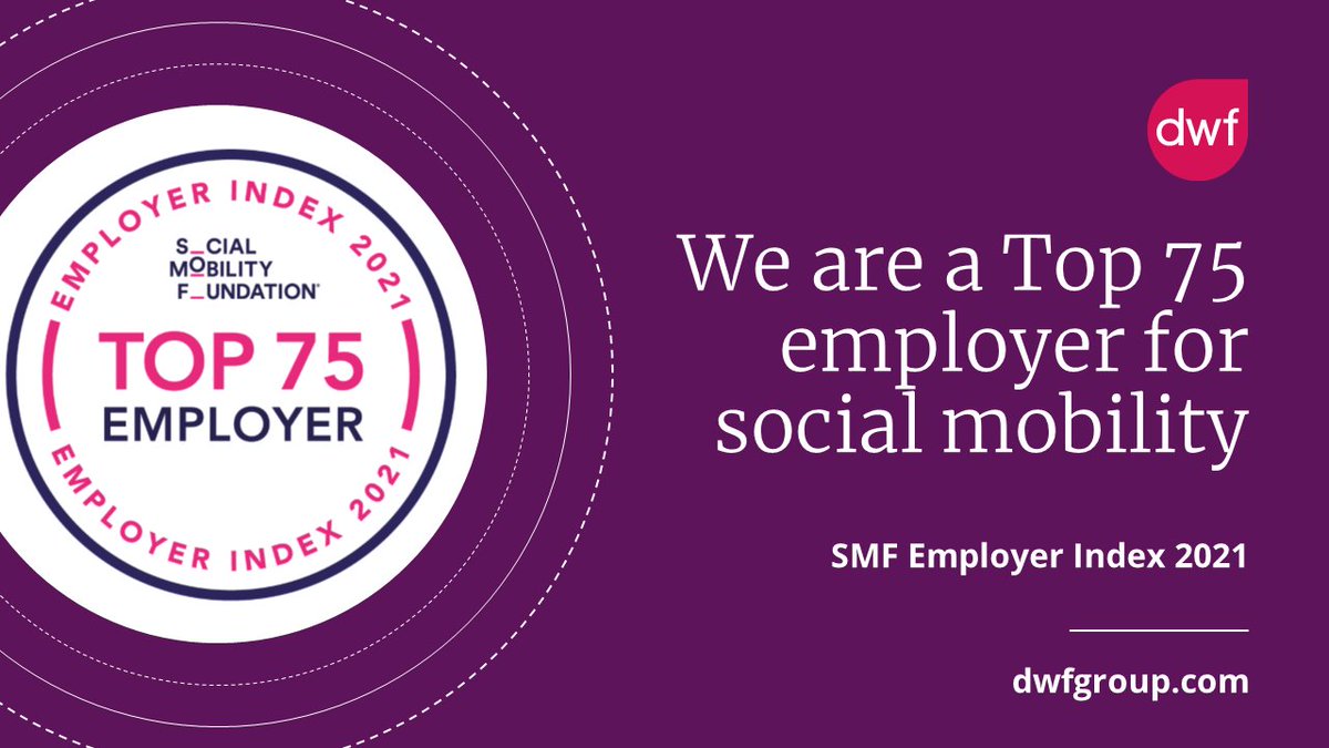 We are proud to have been recognised again as a Top 75 Employer in the <a href="/socialmobilityf/">The Social Mobility Foundation</a> #SMFIndex21. Read more about the importance we place on #socialmobility and the steps we are continually taking to break down the barriers to progression. bit.ly/2ZmrPLM #dwf
