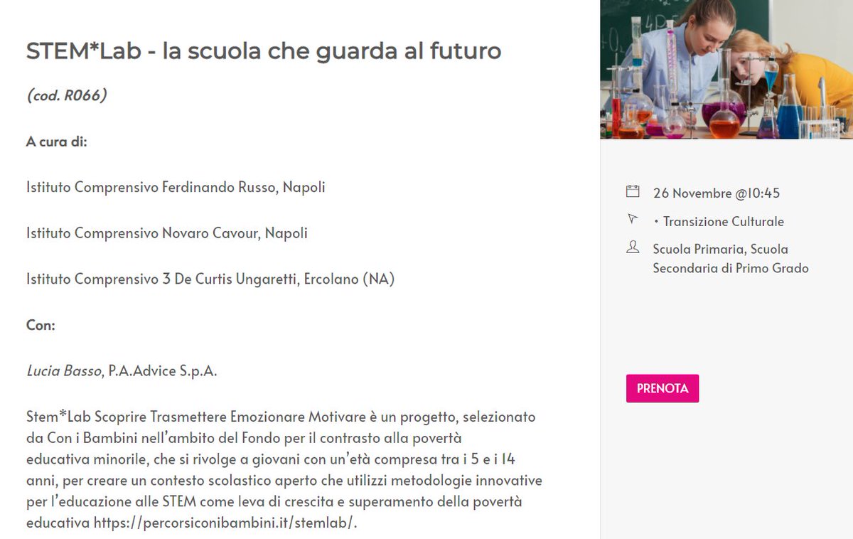 paadvice's tweet photo. 🎯 #SAVETHEDATE 
📆 26/11
⏰ 10:45-12:15
#PAAdvice ti aspetta con l'evento "STEM*Lab - la scuola che guarda al futuro" a “Futuro Remoto Transizioni” la manifestazione culturale, scientifica e tecnologica organizzata da @cittascienza
https://t.co/Ux6afJJdog 

#futuroremoto #fr2021 https://t.co/PPlBdNibAM