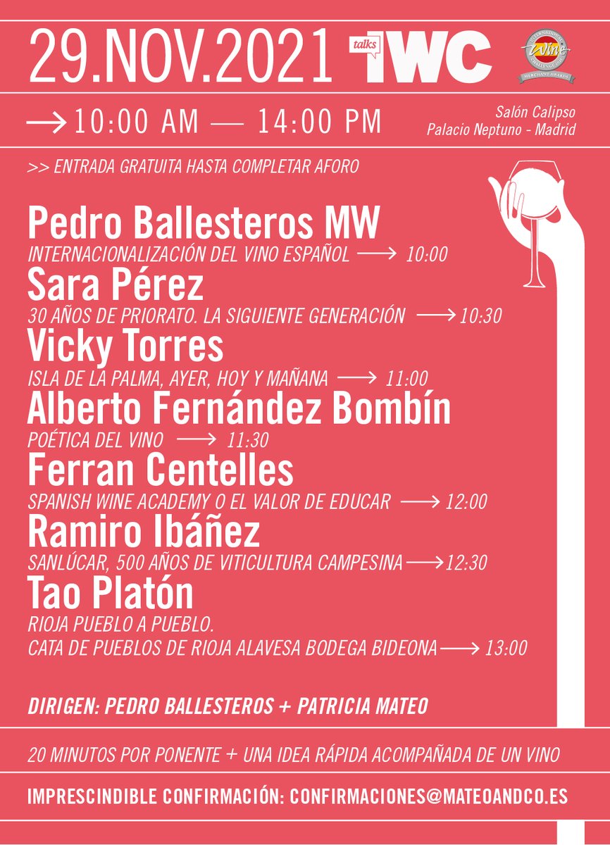 IWCMerchantAwardsEsp (@winechallengesp) on Twitter photo Las #IWCTALKS vuelven este 2021 en formato presencial para completar la jornada.
Aquí os dejamos el programa.
Entrada libre hasta completar aforo. Importante confirmar asistencia a confirmaciones@mateoandco.es Las #IWCTALKS vuelven este 2021 en formato presencial para completar la jornada.
Aquí os dejamos el programa.
Entrada libre hasta completar aforo. Importante confirmar asistencia a confirmaciones@mateoandco.es