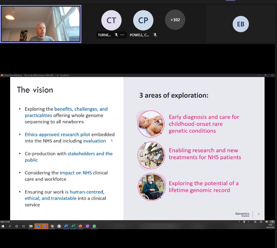 RDExeter's tweet photo. Next up at SWOB @Rich_Genomics from @GenomicsEngland talking about the vision for the Newborn WGS programme and being part of the conversation. @NHSgms @BioNewsUK @SWGLH @ExeterExomes @SWGMSA https://t.co/w934p7Nw9q