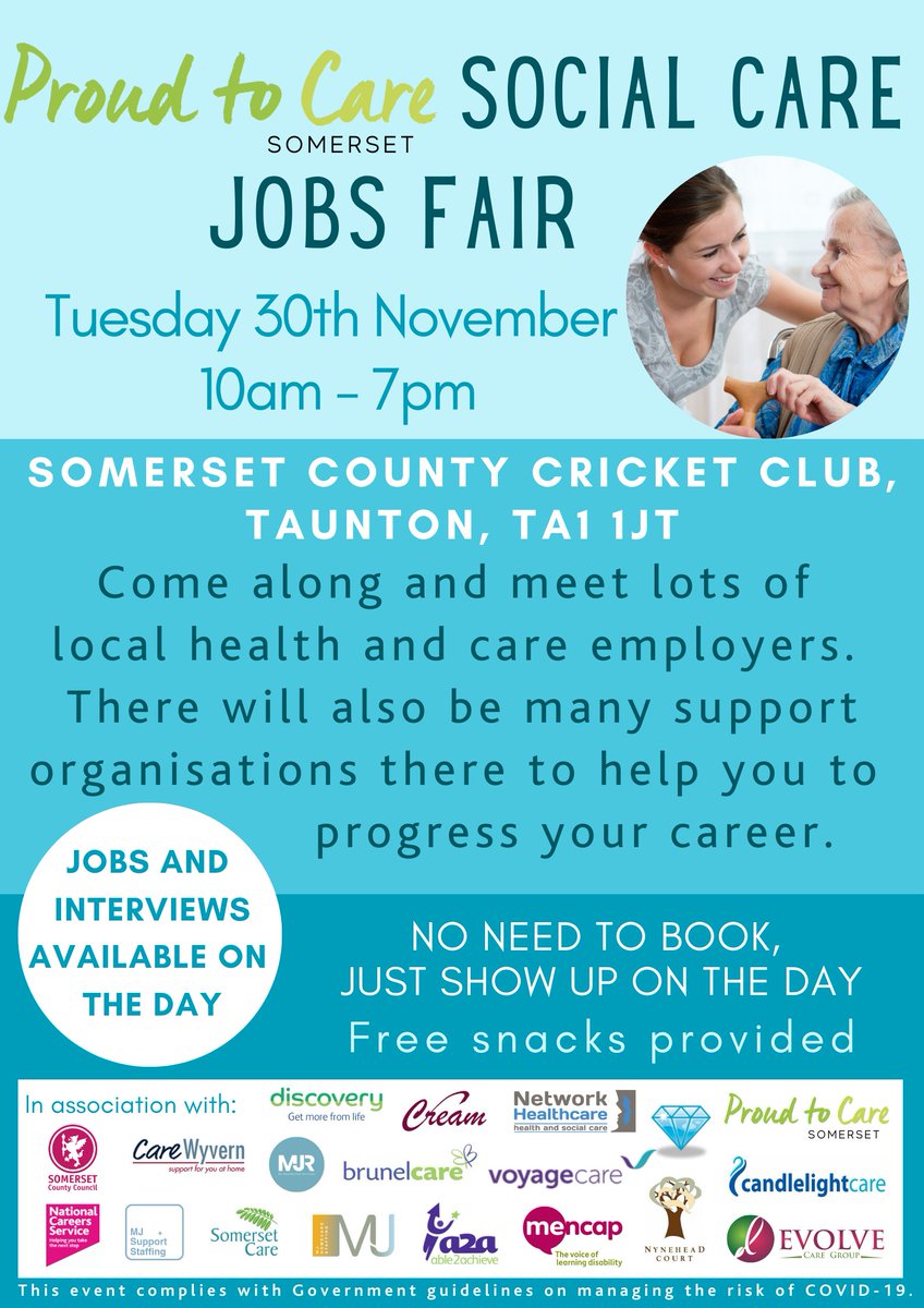 Careers_SWest's tweet photo. Don't miss us at the #Somerset Social Care Jobs Fair:
📅 30th Nov, 10am–7pm
📍 Somerset County Cricket Club Taunton TA1 1JT
Meet employers, learn about career progression and help yourself to free refreshments. No booking needed.
@SCC_Careers @ProudCare https://t.co/2yR70GXjKD