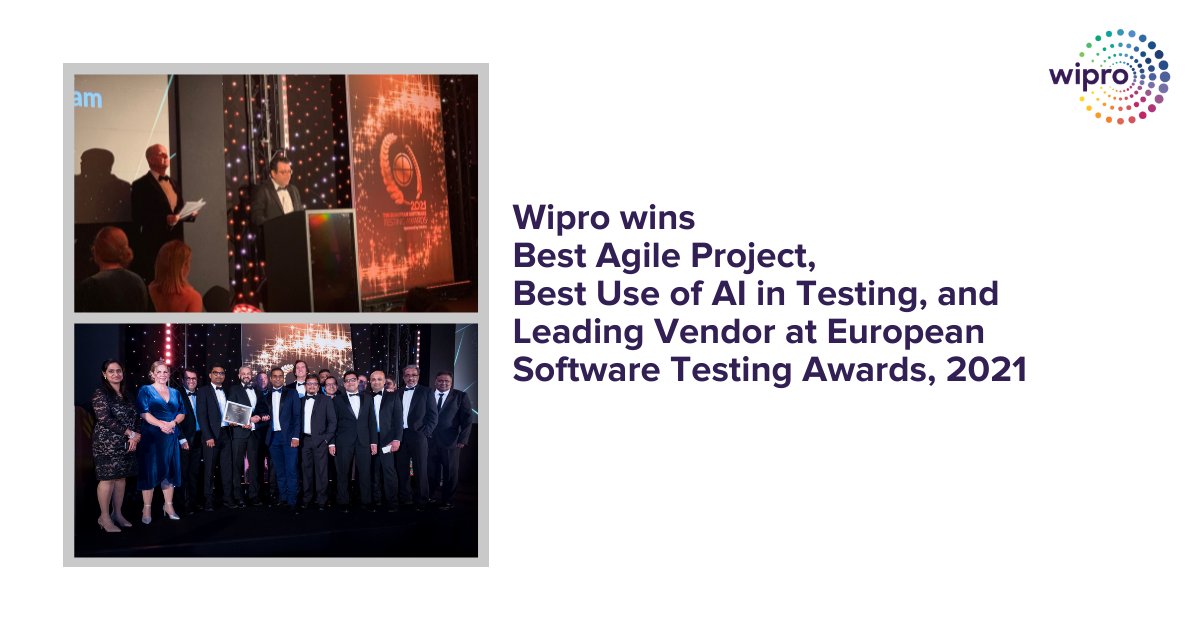 .<a href="/Wipro/">Wipro</a> won 3 awards at the 2021 European Software Testing Awards — our best yet!
1. Best Agile Project: LBG in partnership with Wipro
2. Best use of AI in testing: Zurich Insurance in partnership with Wipro
3. Leading Vendor: Wipro
bit.ly/3nJdSAQ

#WiproPartner