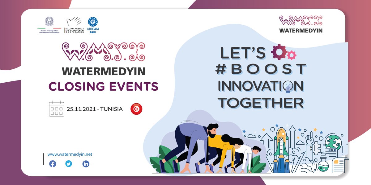 WMedyin's tweet photo. Welcome to the #closingceremony of the project activities in #Tunis, on 25 November 2021
#WaterMedyin is ready to show the achievements, and to acknowledge the fundamental role of all the partners and stakeholders. 
Registration at 👇https://t.co/y2XAp3QKUz https://t.co/v1AHbQR0rg