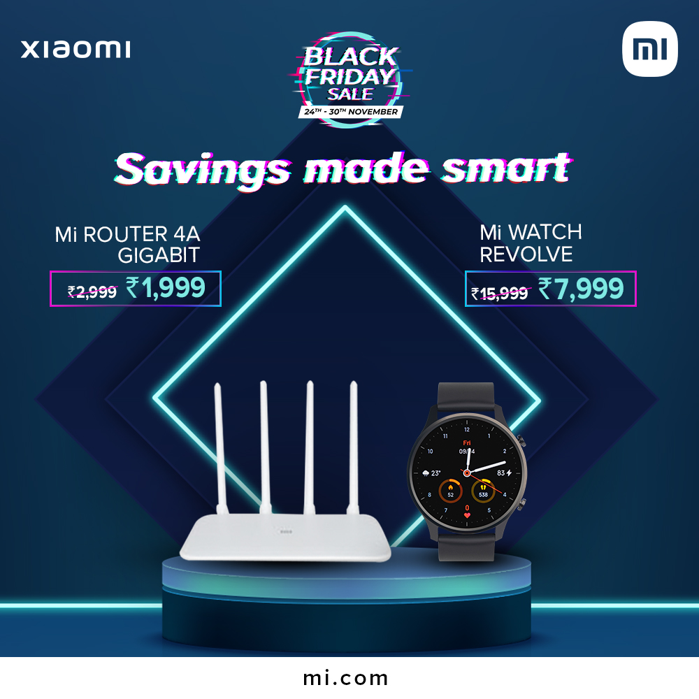 XiaomiIndia's tweet photo. Keep your shopping bags at the ready, the #BlackFridaySale is here!

Stay 𝘤𝘰𝘯𝘯𝘦𝘤𝘵𝘦𝘥 at high speed and 𝘸𝘢𝘵𝘤𝘩 your fitness game evolve at great discounts!

Head here:
https://t.co/9bdR7ls3Ik https://t.co/MImZEehE0P