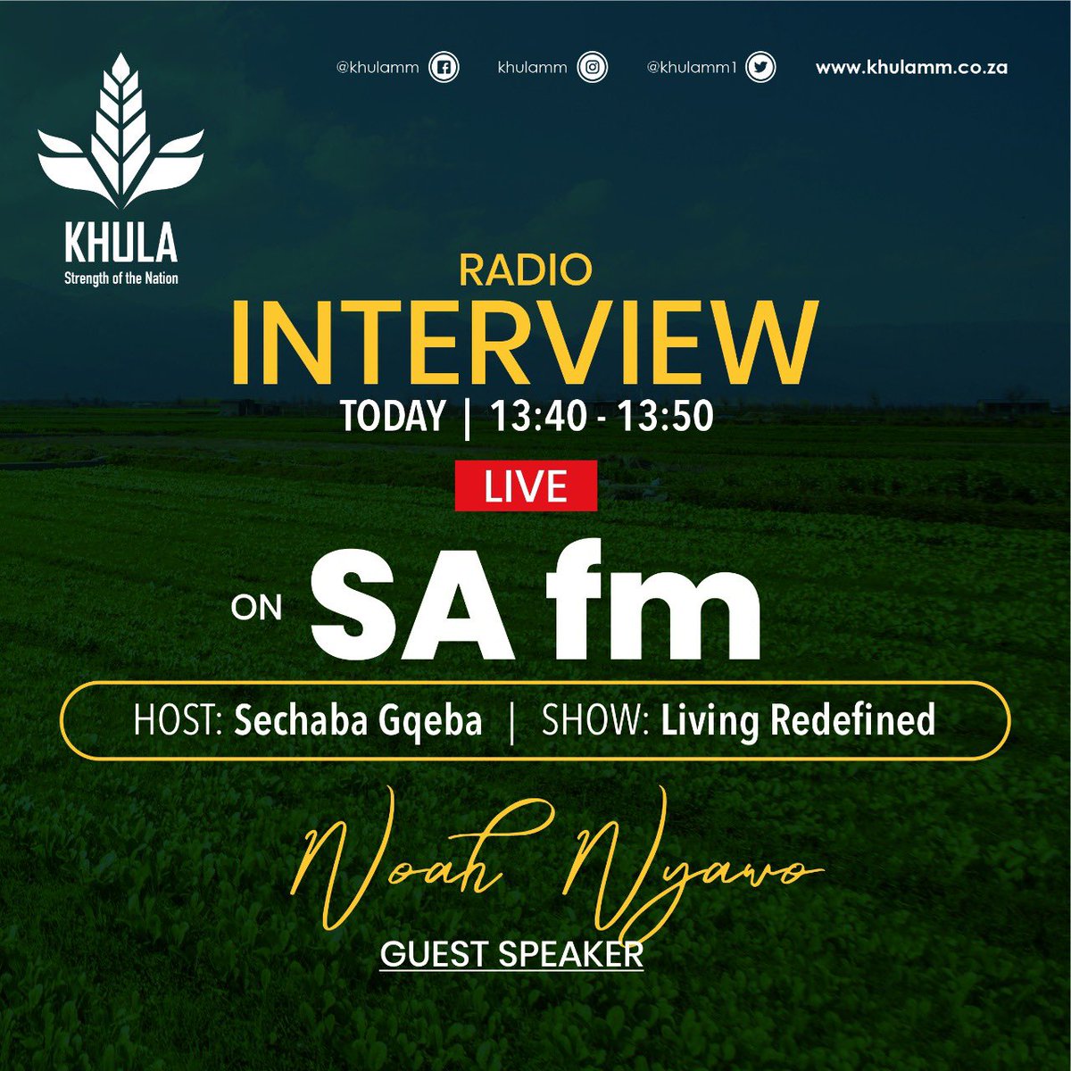 khulamm1's tweet photo. Don’t miss the @safmradio RADIO INTERVIEW, today @ 13:40 - 13:50 with Host Sechaba Gqeba on the show  “Living Redefined”.
#khulamaizemeal #khulamilling #craftedinsa @nqanawe_holdings https://t.co/4Gn31VvoRf