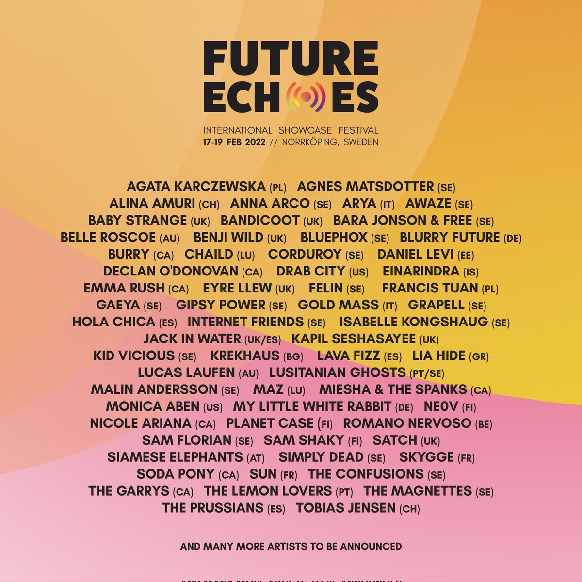 HOT OFF THE PRESS
As promised yesterday here are 20 new acts that will be joining us at Future Echoes in February.

Once again showing diversity in musical style and artists from all over the globe. #62artists #moretocome #visitnorrköping