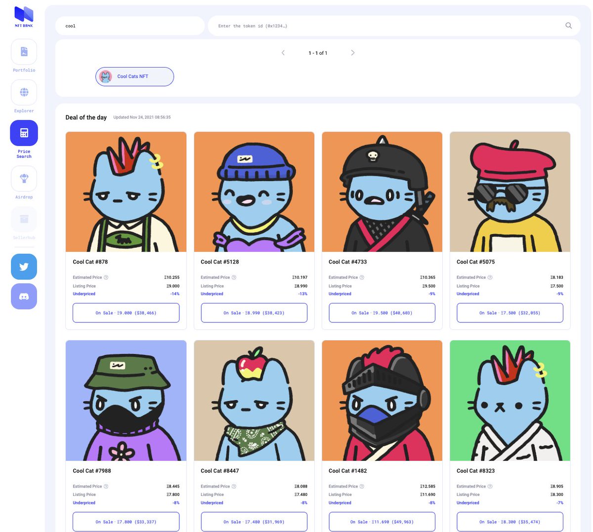 📢 Our new Price Discovery page is now LIVE!
nftbank.ai/estimates

😎 Find rare snipe opportunities of your favorite projects. 
See which listings are undervalued according to our price estimates!

#BAYC #Cryptopunks #CoolCats