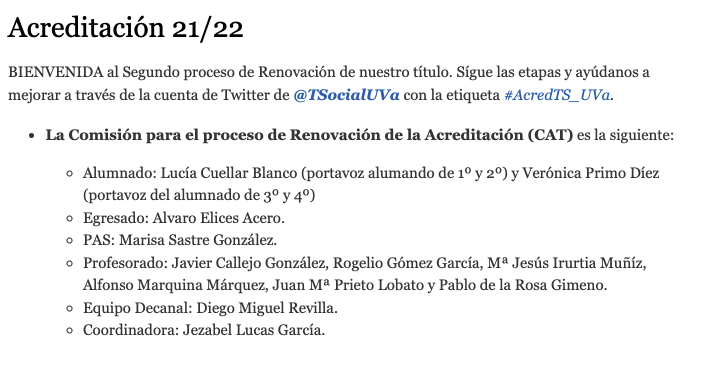 Pues aquí nos encontramos en la segunda renovación de la acreditación de Trabajo Social. Gracias CAT por apoyar este proceso. Cuéntanos limitaciones y fortalezas del Título. !Te escuchamos!  #AcredTS_UVa