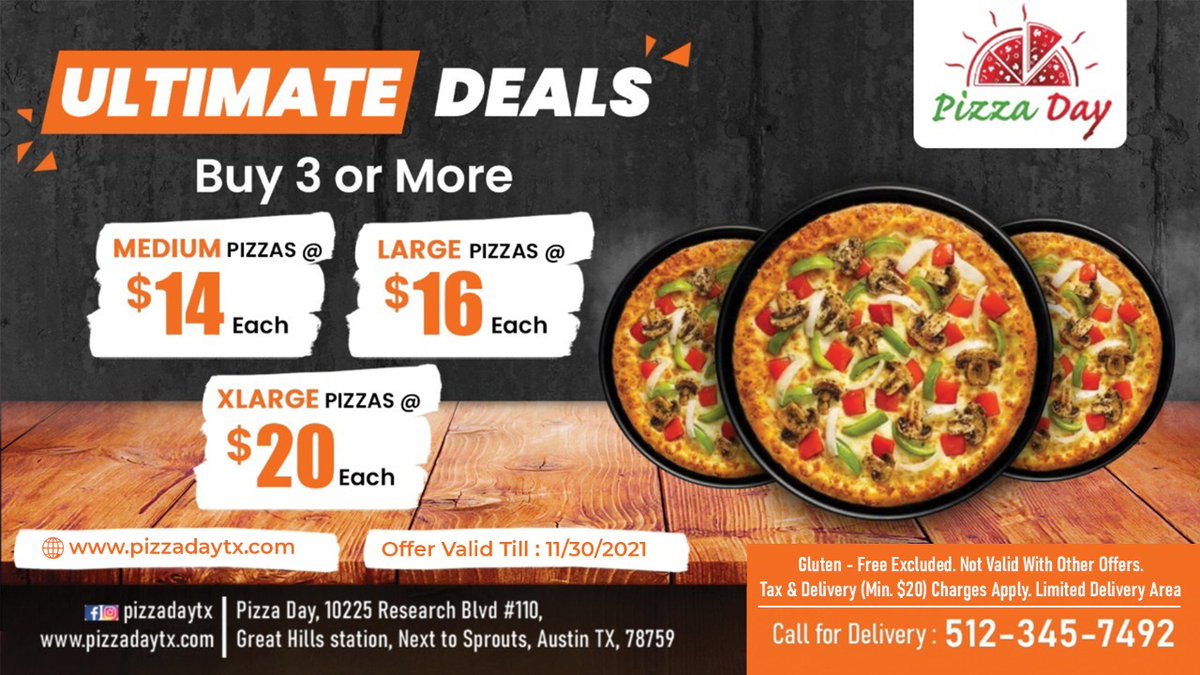 Pizzaday Ultimate Deals! Call to Order: 512-345-7492 Order Online: https://t.co/Co9ptNzzO8
