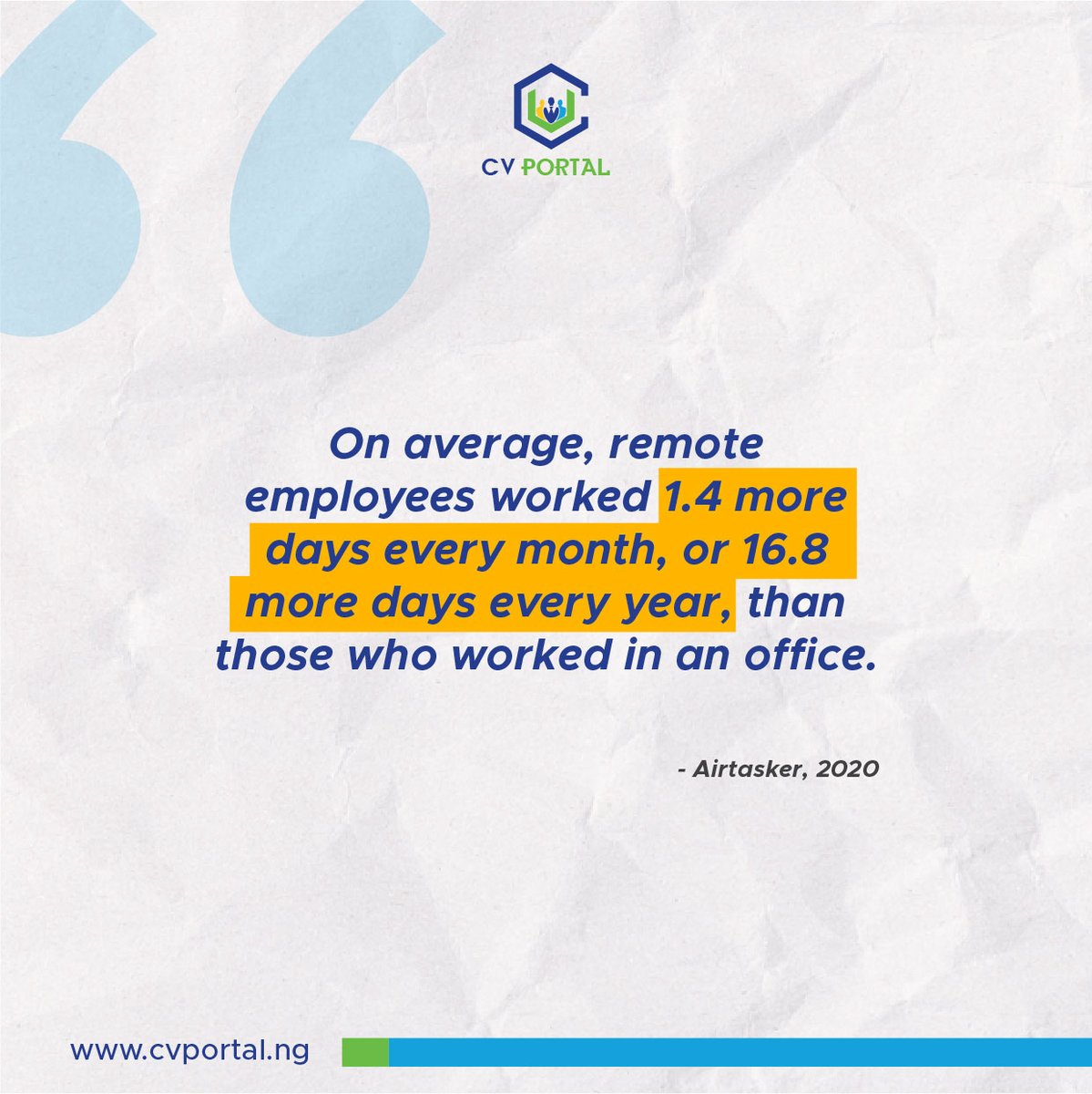 CVPortalNG's tweet photo. Several studies are beginning to point to workers being more productive working from home than in offices. Are you more productive in an office or from home? 

#CVPortal #CVPortalNG #careerbuilder #careerplanning #careerguidance⁣ #jobseeker #jobhunt #hiring https://t.co/glVD2pkvQF