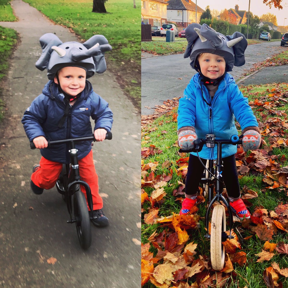Three years apart, same daft helmet, same out-of-control commute to nursery. Balance bikes are the best invention ever for crazy toddlers like these two