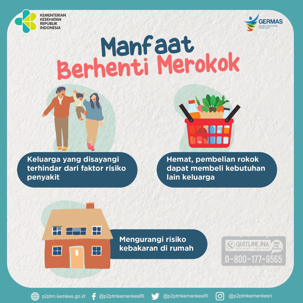 layanan_ubm's tweet photo. Yuk, ketahui apa saja manfaat berhenti merokok?
.
Hubungi Layanan Konsultasi Berhenti Merokok QUITLINE.INA di 0-800-177-6565 (free call service)
https://t.co/res3OeSyky
.
#CERDIK #CegahPTM #DukungGERMAS #tobaccoexposed #TolakJadiTarget #PerokokrentanCOVID19 #rotrikrisikocovid19 https://t.co/5sXxKoHPUP