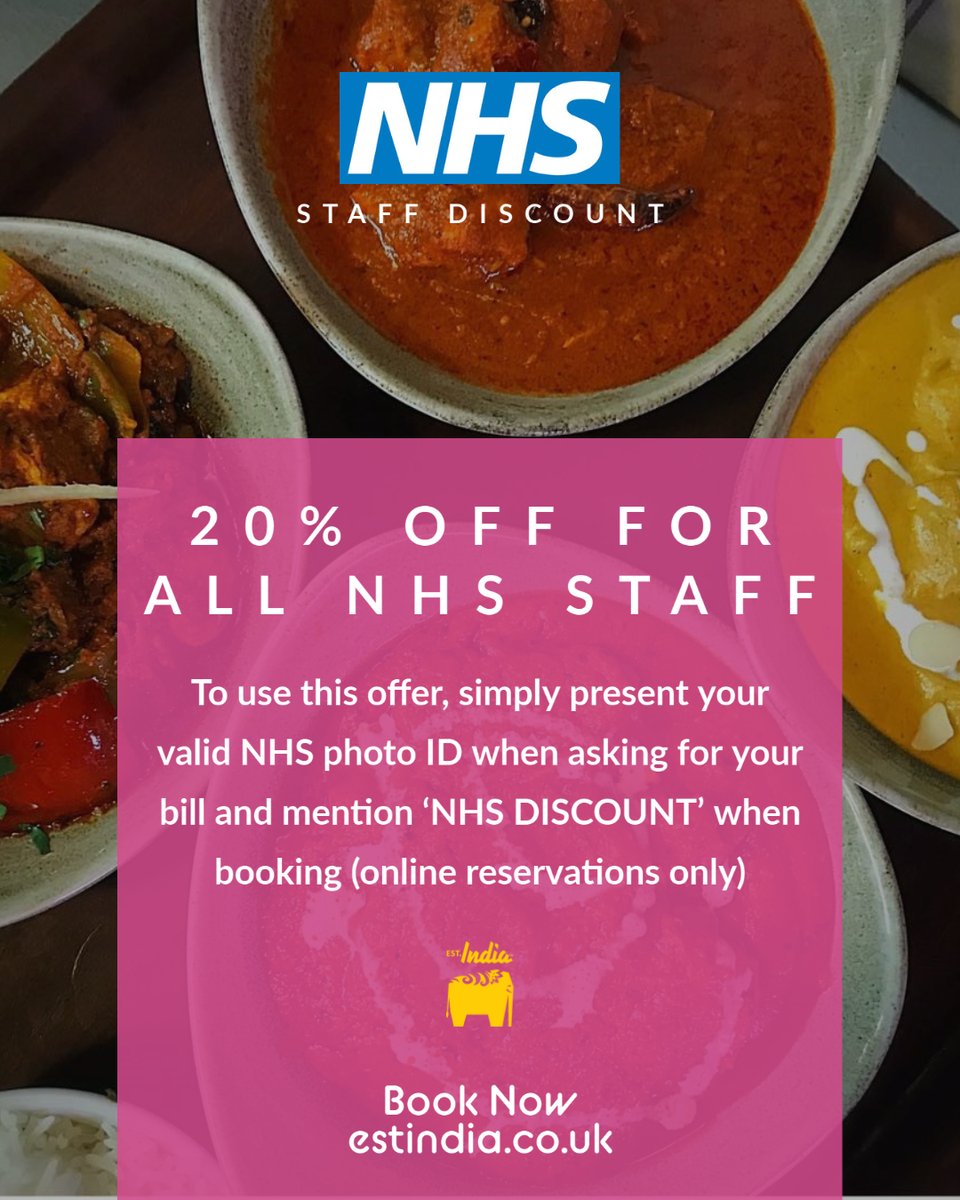EstIndiaLondon's tweet photo. 20% off for all .@NHSuk .@GSTTnhs .@NHSDiscounts1 .@NHS staff every Sun-Tues.  Thanks for all you do.  Book Now: https://t.co/p3QaVKCWLc .@NHSSELondonCCG .@NHSSouthwarkCCG .@NHSGreenwichCCG .@nhslambethccg #nhsappreciation #nhsworkers #thanksnhs #londonislovinit https://t.co/U8nMxj7aHC