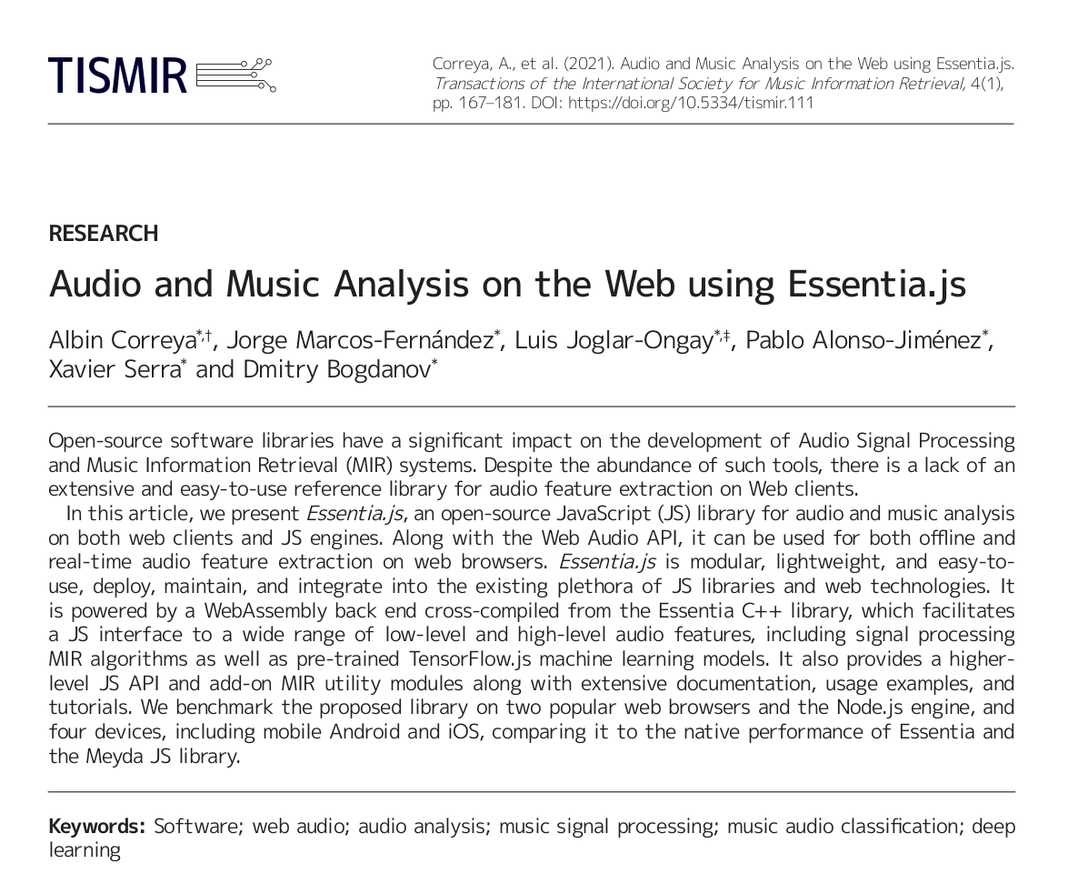 Dmitry Bogdanov (@di_bogdanov) on Twitter photo Essentia.js TISMIR <a href="/TismirJ/">TISMIR journal</a> article is out! It summarizes our work on the library up to this date, including new functionality for machine learning inference, benchmarking, and demo examples.
<a href="/albincorreya/">Albin Andrew Correya</a> <a href="/jorgemarcosf/">Jorge Marcos</a> <a href="/luisjoglar/">Luis Joglar</a> <a href="/pablo__alonso/">Pablo Alonso Jiménez</a> <a href="/mtg_upf/">MTG-UPF</a>
transactions.ismir.net/articles/10.53… Essentia.js TISMIR <a href="/TismirJ/">TISMIR journal</a> article is out! It summarizes our work on the library up to this date, including new functionality for machine learning inference, benchmarking, and demo examples.
<a href="/albincorreya/">Albin Andrew Correya</a> <a href="/jorgemarcosf/">Jorge Marcos</a> <a href="/luisjoglar/">Luis Joglar</a> <a href="/pablo__alonso/">Pablo Alonso Jiménez</a> <a href="/mtg_upf/">MTG-UPF</a>
transactions.ismir.net/articles/10.53…