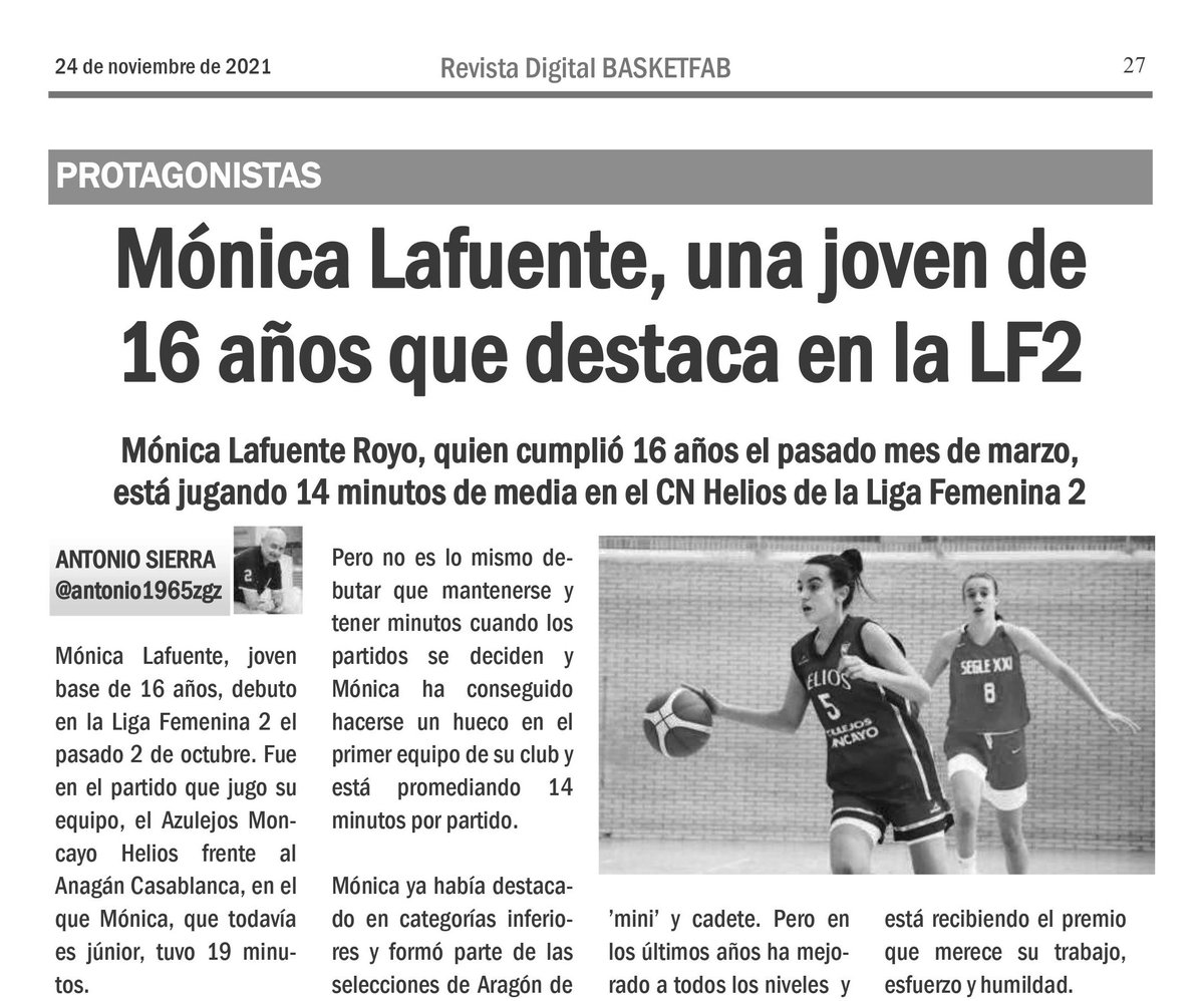 CNHeliosBasket's tweet image. @cnhelios Reportaje en revista BasketFab a nuestra jugadora junior Mónica, que poco a poco se va consolidando en el equipo del LF2 gracias a su buen trabajo y al de sus compañeras. A seguir así.
Gracias @FabasketAragon