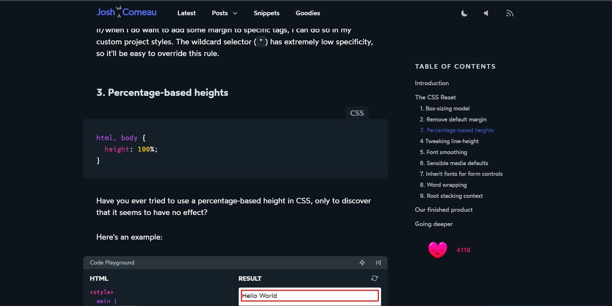 ntnbst's tweet photo. @JoshWComeau was goin through this new article about css reset on ur website and found it the best blogging site I've ever visited. UX is great, UI is awesome. and many more cool little things like the heart, guy on the side and sound effects are just too good. Keep posting. https://t.co/JSzpE9fGeD