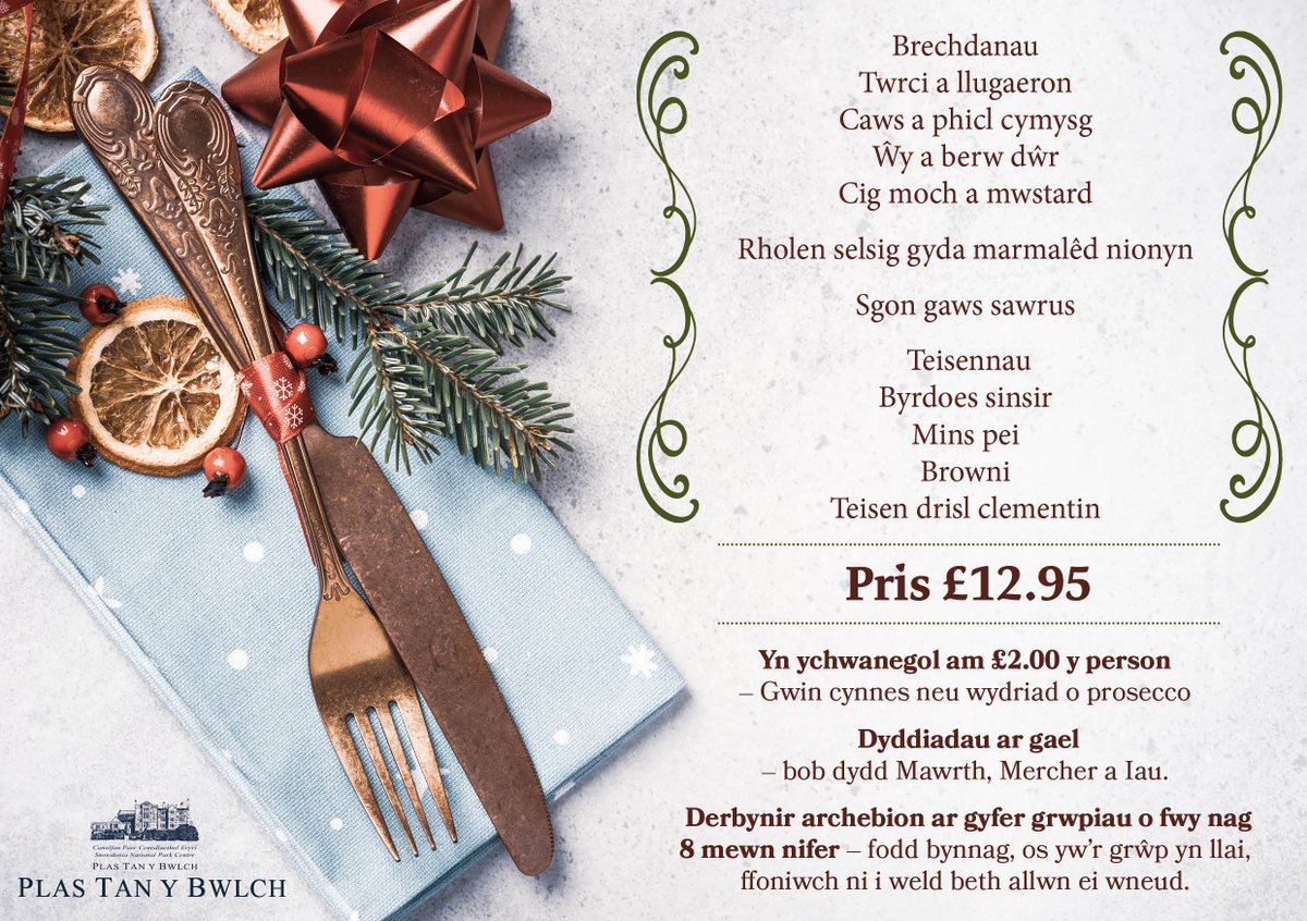 Plas Tan y Bwlch (@plastanbwlch) on Twitter photo Tê Prynhawn Nadoligaidd ym Mhlas Tan y Bwlch! 🥪 🍰
Ffoniwch ni neu e-bostio er mwyn archebu 01766 772600 neu plas@eryri.llyw.cymru
Blaendal yn angenrheidiol. Tê Prynhawn Nadoligaidd ym Mhlas Tan y Bwlch! 🥪 🍰
Ffoniwch ni neu e-bostio er mwyn archebu 01766 772600 neu plas@eryri.llyw.cymru
Blaendal yn angenrheidiol.