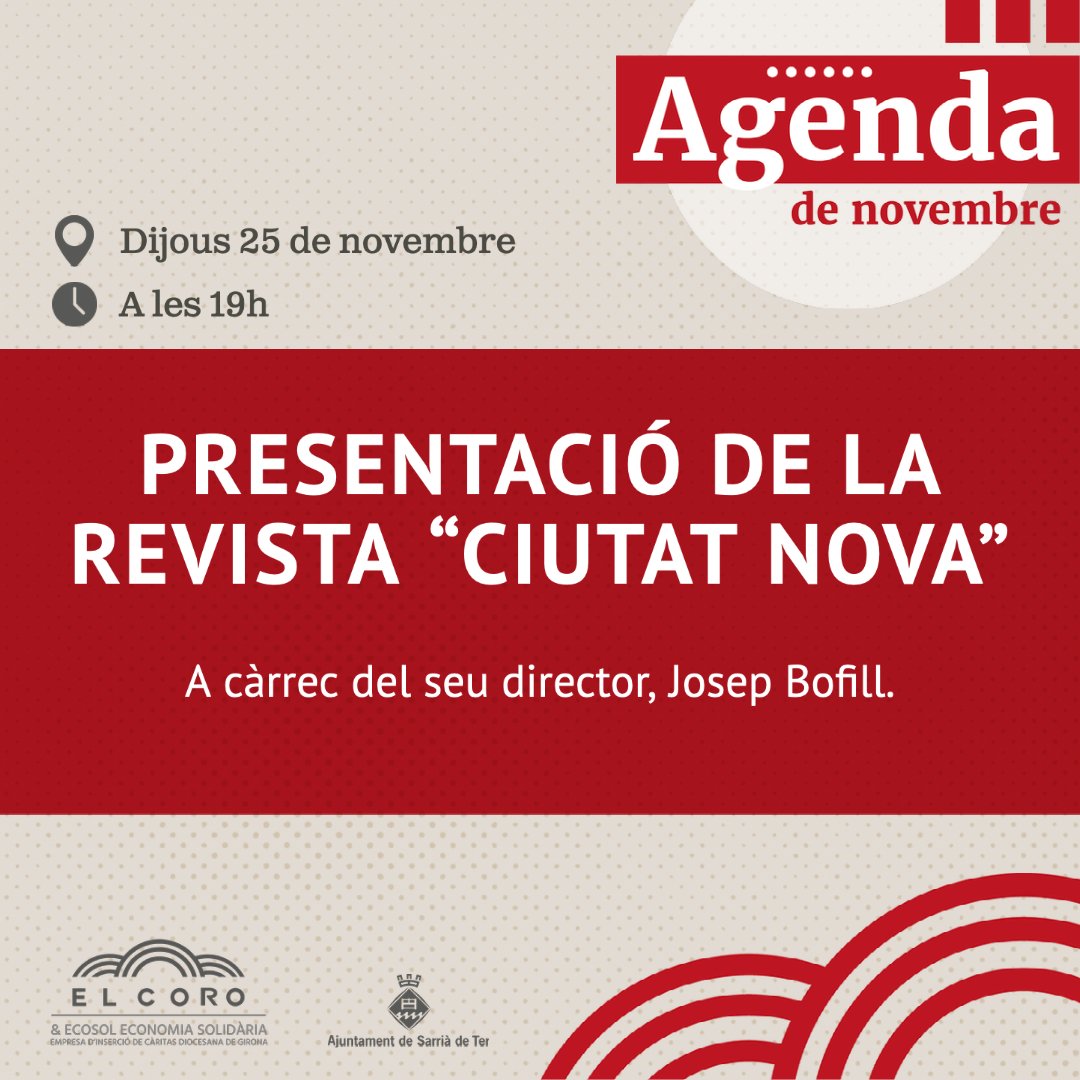 EcosolGirona's tweet photo. Aquest dijous us esperem a la cafeteria #ElCoro de #SarriàdeTer, a la presentació de la revista "Ciutat nova", una mirada diferent a problemes complexos. #refugiats #asil #diàleg 

#Ecosol @ciutatnova @caritasgirona @somculturasarria @SarriadeTer https://t.co/CHAgRca7Dd