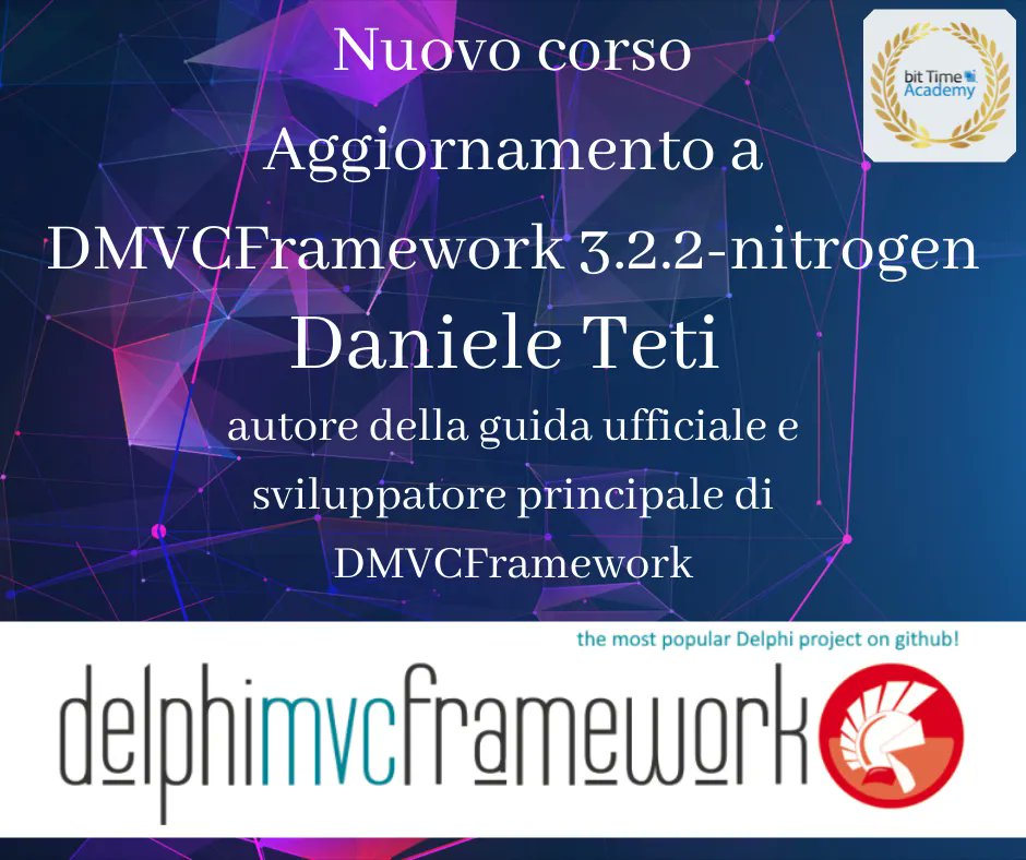 bittimepro's tweet image. Nuovo Corso &quot;Aggiornamento a #DelphiMVCFramework 3.2.2-nitrogen&quot; tenuto da Daniele Teti autore della guida ufficiale. Acquista qui il libro buff.ly/3nKrSKK
Sconto del 20% per più persone della stessa azienda!
Visita il nostro sito buff.ly/30XScb2