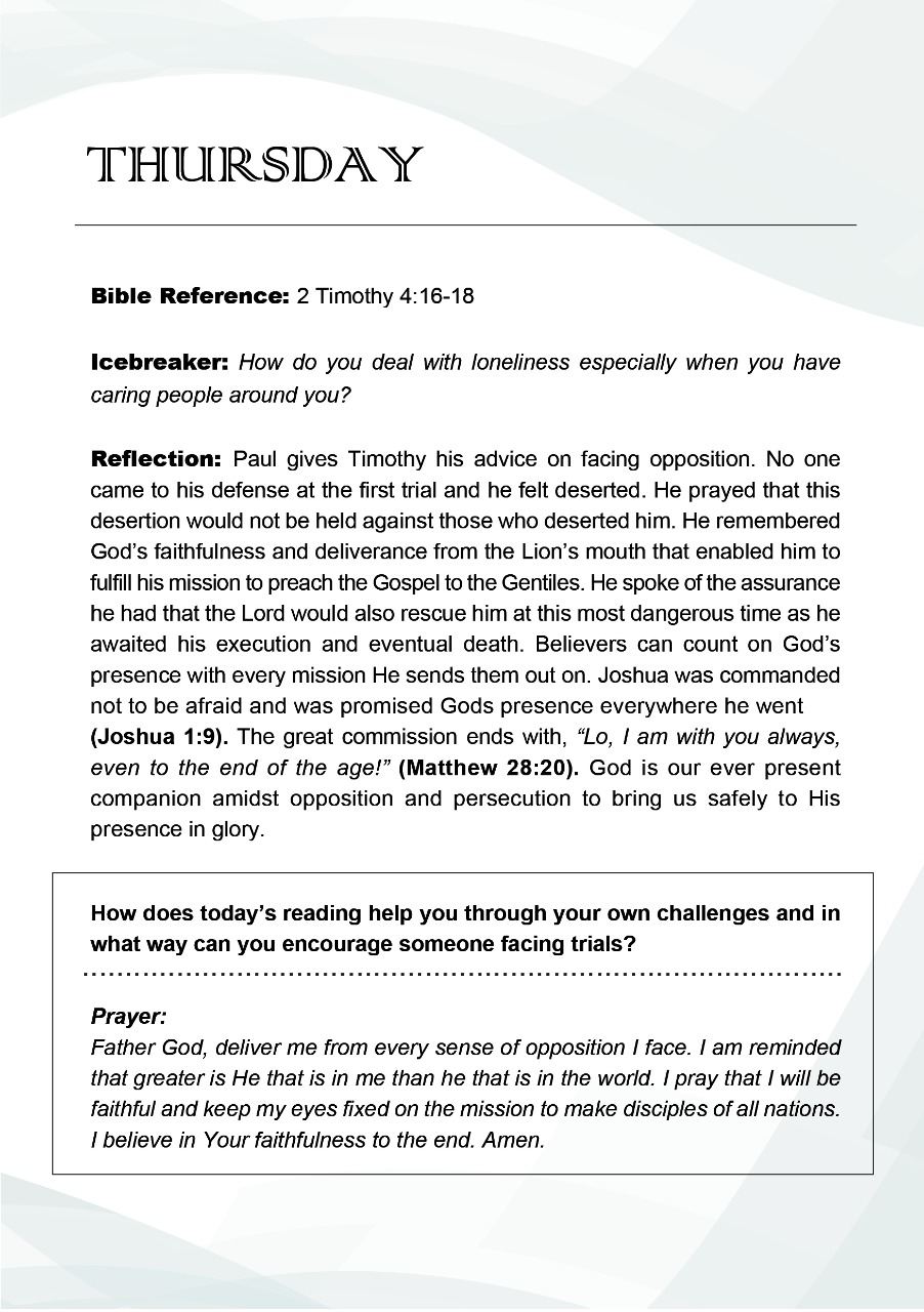 تويتر Nairobichapel على تويتر Daily Devotion Day 5 Bible Reference 2 Timothy 4 16 18 How Does Today S Reading Help You Through Your Own Challenges And In What Way Can You Encourage