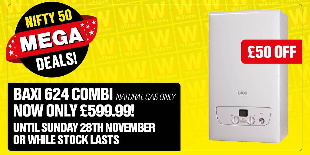 Williams_Co's tweet photo. GET A NIFTY £50 OFF the Baxi 624 Combi Gas Boiler! Only at Williams until Sunday 28th November or while stock lasts! 🤩🤩🤩 https://t.co/2LWu2wNqVZ #nifty50 #baxiboilers https://t.co/LXeKGA2o1w