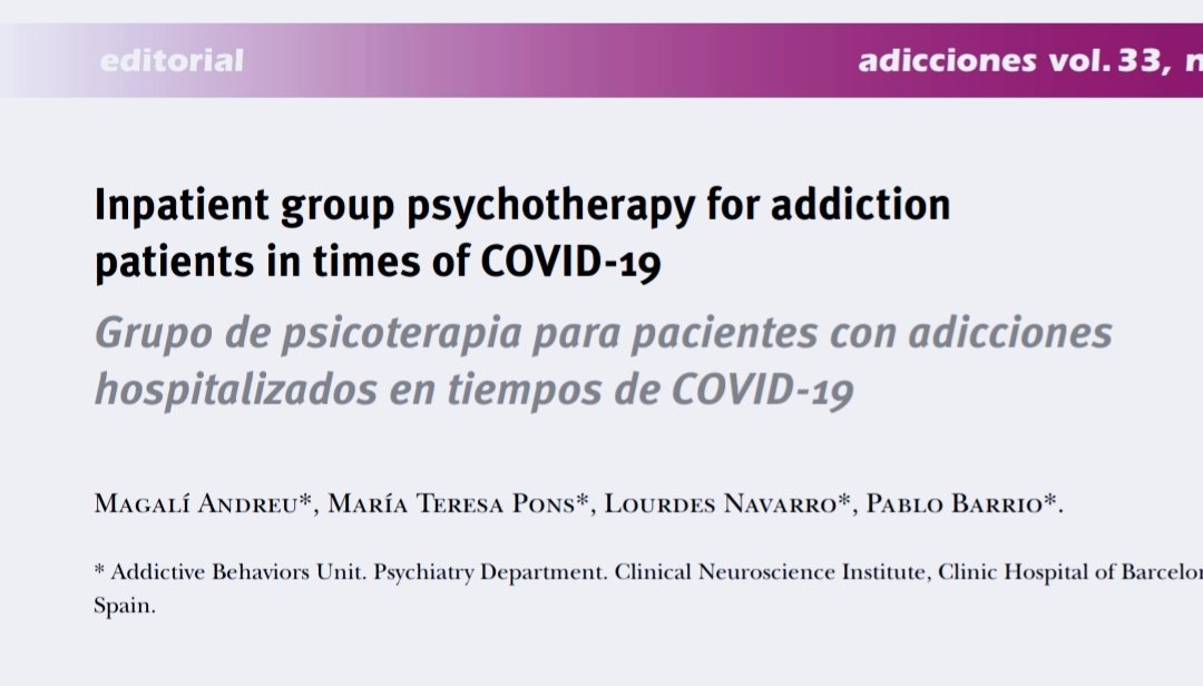 MagaliAndreu's tweet photo. Comparteixo l'article "Inpatient group psychotherapy for addiction patients in times of COVID-19" que ens ha publicat la #RevistaAdicciones on reflexionem sobre l'impacte de la #COVID19 en la #psicoterapia grupal hospitalària en addiccions.  https://t.co/Mcavyvvwj9 https://t.co/hNy9ciPEwI