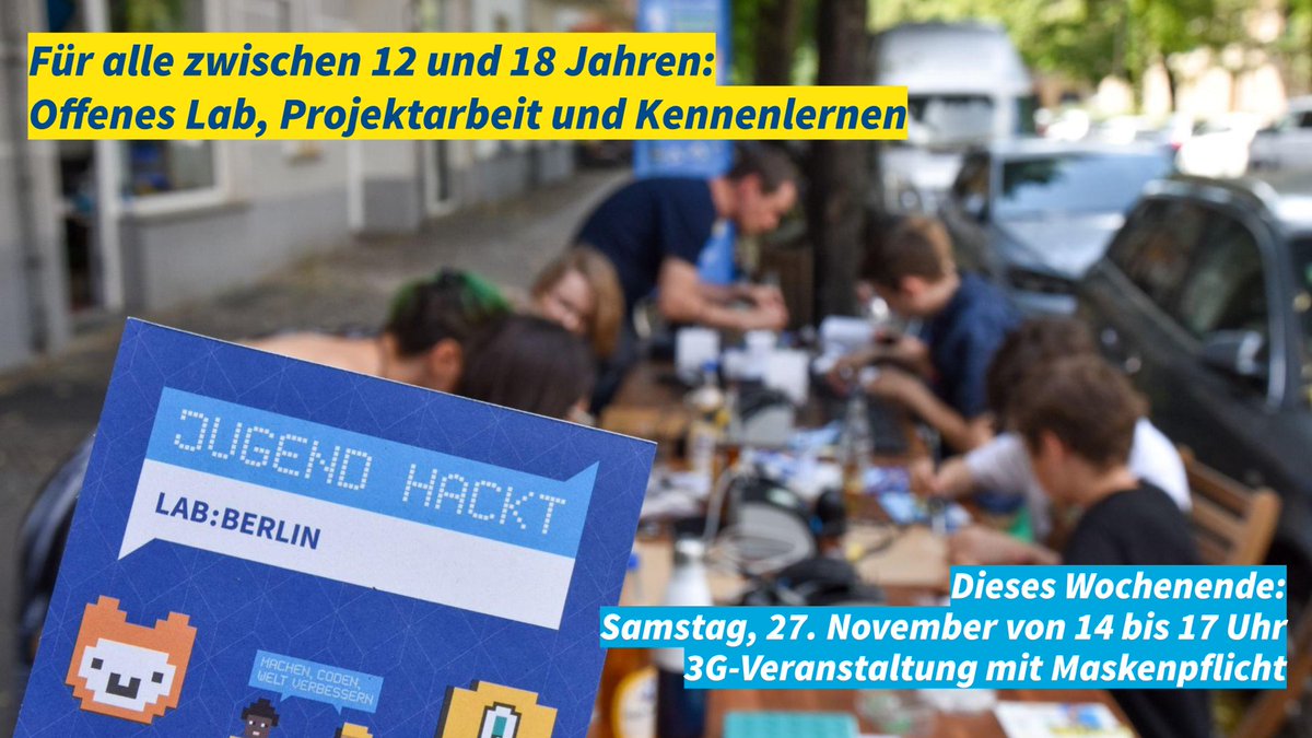 jugendhackt's tweet image. Samstagnachmittag ab 14 Uhr in Berlin: Jugend hackt Lab, aber sicher (3G, Maskenpflicht). Kommt ins @xHain_hackspace, arbeitet an Projekten weiter oder lasst euch neu inspirieren: jugendhackt.org/lab/berlin/ #jhberlin21